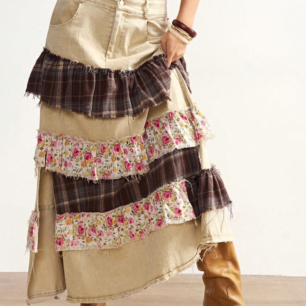Khaki Boho Women's Country Vacation Casual Woven Patchwork Plaid Split Hem Skirt - Picture 3 of 7